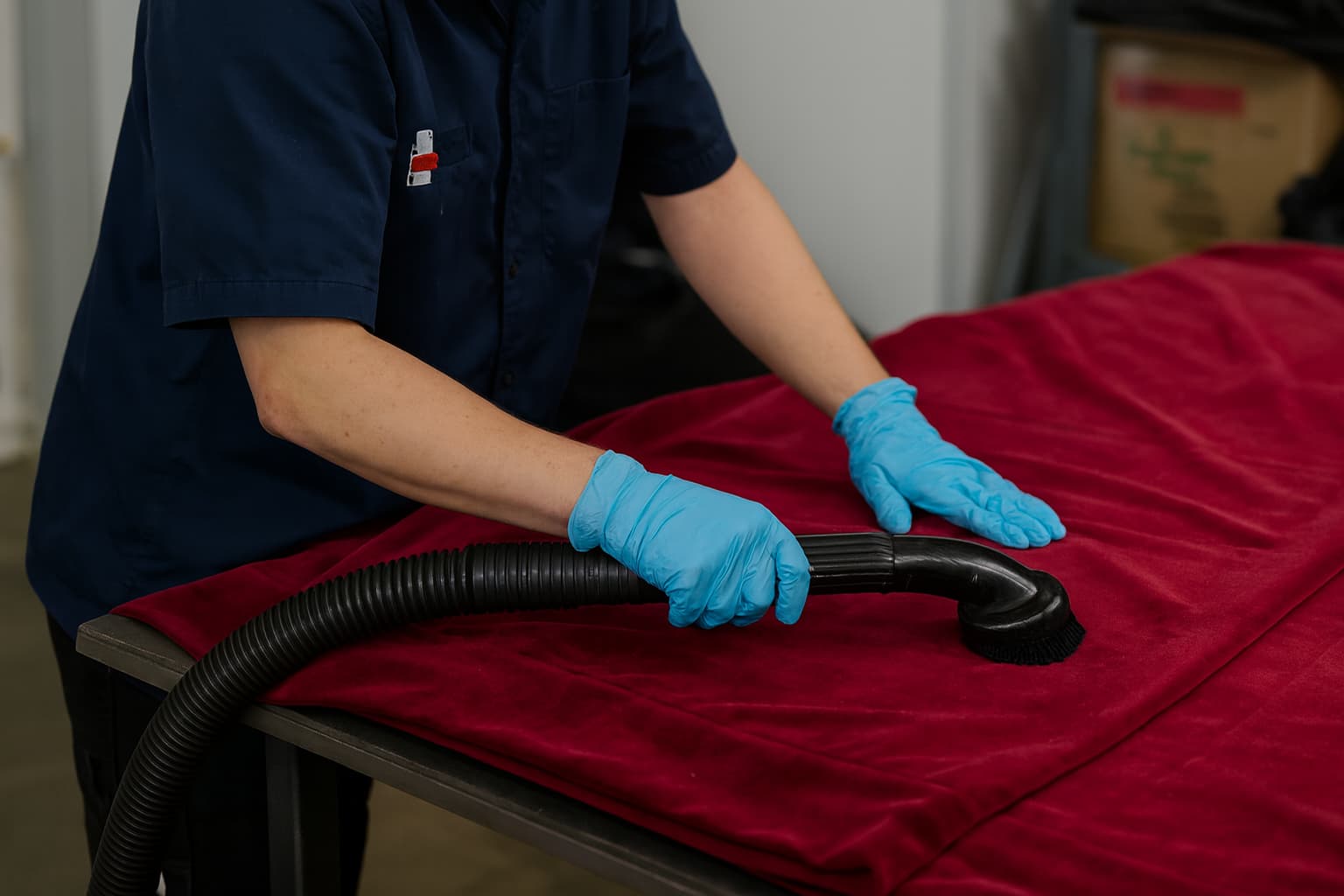 Gloved hands running a vacuum brush across red velvet laid on a workshop table