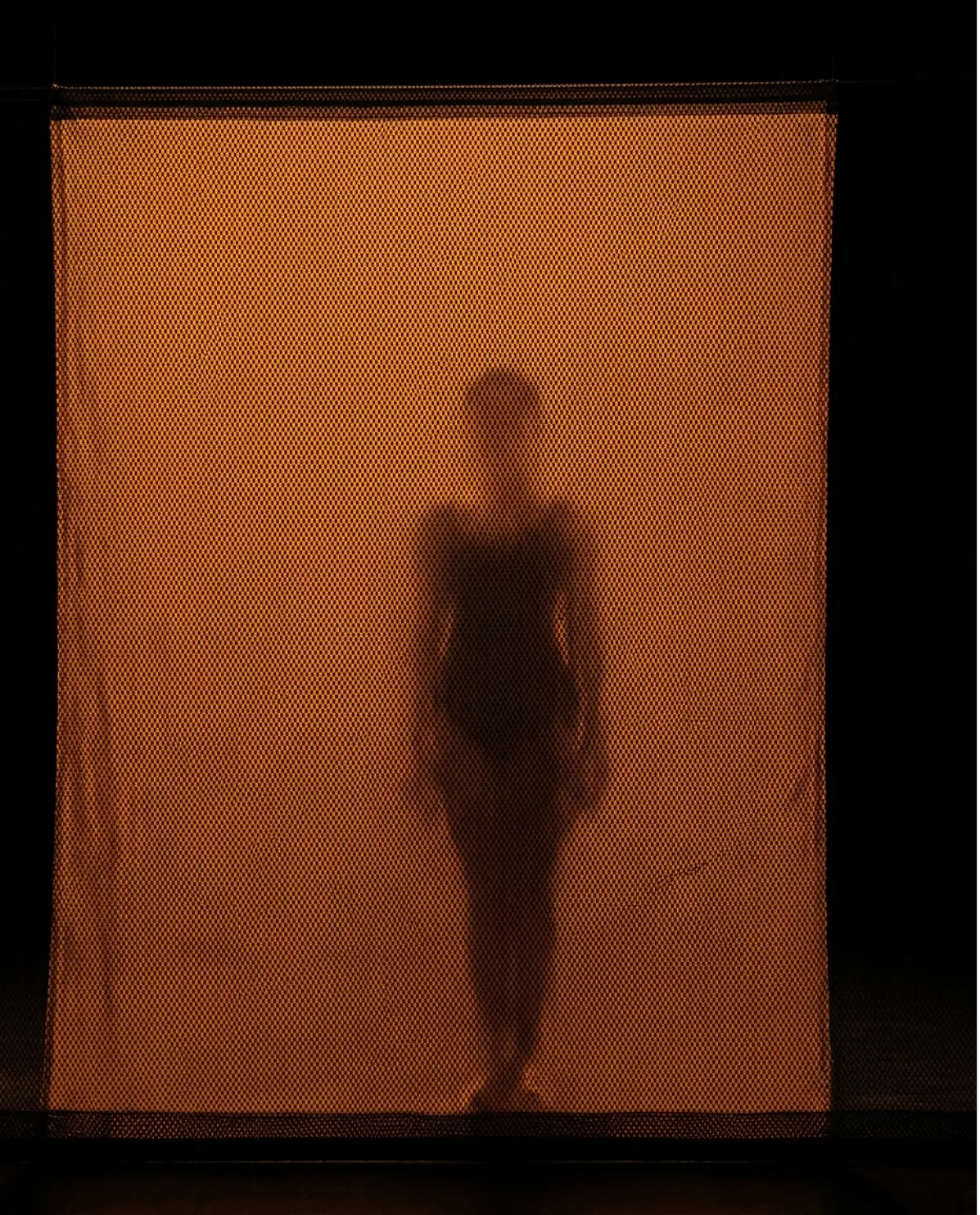 Black sharkstooth scrim under front light reading as a solid amber surface, the dancer behind it visible only as a soft shadow